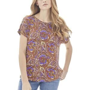 Jones New York Paisley Lace Up Short Sleeve Dressy Tee Top Size L NWT